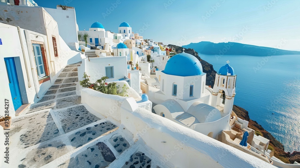 Obraz premium Relaxing in Santorini, with white-washed buildings and blue domes against the backdrop of the Aegean Sea
