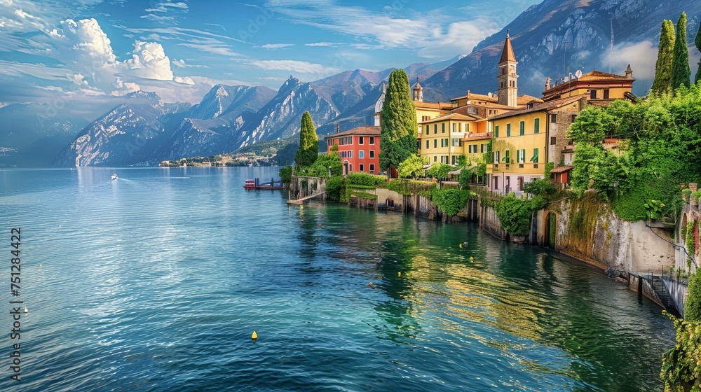 The serene lakes of Italy, with idyllic villages nestled along the shores and the Alps in the distance