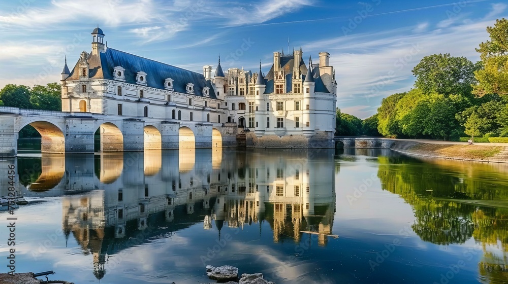Fototapeta premium Touring the Loire Valley castles in France, with the elegant châteaux and manicured gardens reflecting in the river