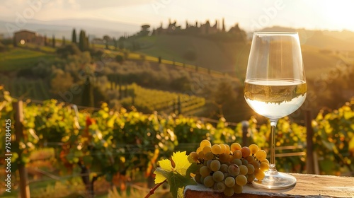 The sun-drenched vineyards of Tuscany  with a wine glass in the foreground capturing the essence of Italian wine tours