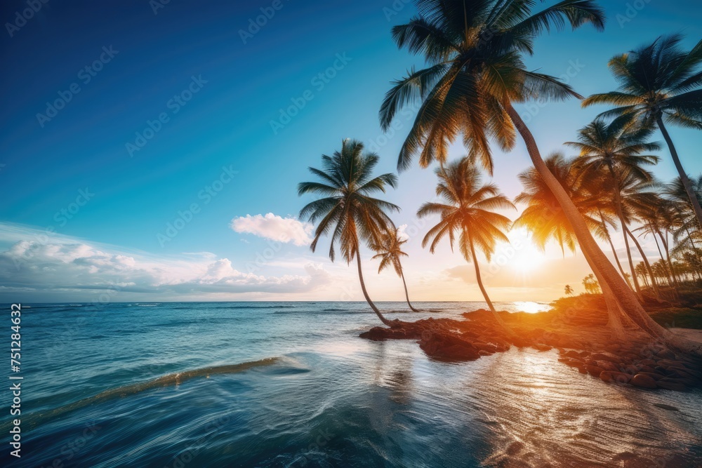 Sunny tropical beach with palm trees and radiant ocean scenery