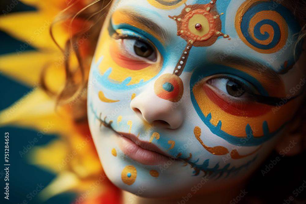 Close-up of a child's face adorned with vibrant and intricate face paint, evoking a sense of creativity and fun Close-up of a child's face adorned with vibrant and intricate face paint, evoking a sense of creativity and fun