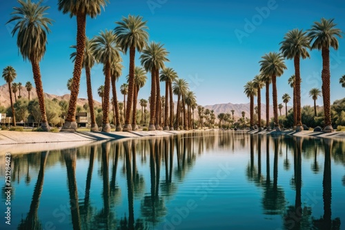 Tranquil palm tree reflection creating visual interest in calm water
