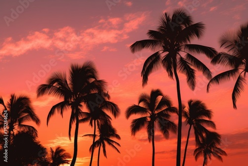 Silhouetted palm trees against a colorful sunset sky, creating a romantic ambiance