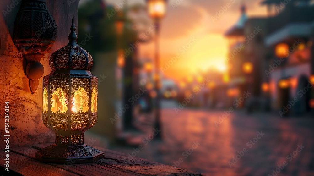 Islamic lantern with an empty, glowing background area. Islamic Arabic style.