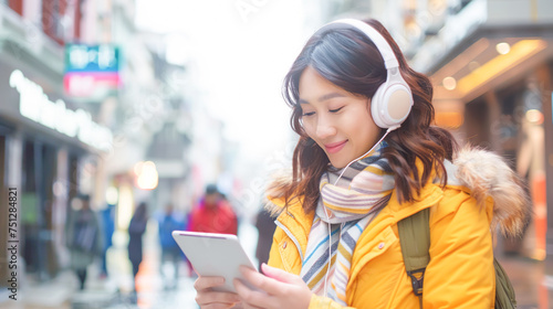 Smiling young Asian woman on a busy city street enjoying her favorite music through white headphones, immersing herself in the rhythm of the city. Modern communication