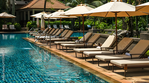 In hotels and resorts, lovely chairs and umbrellas surround swimming pools.