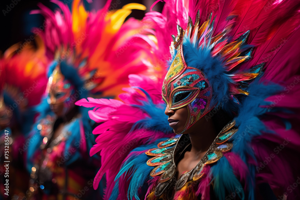 Colorful masquerade scene at a festive carnival event with elaborate feathered masks Colorful masquerade scene at a festive carnival event with elaborate feathered masks