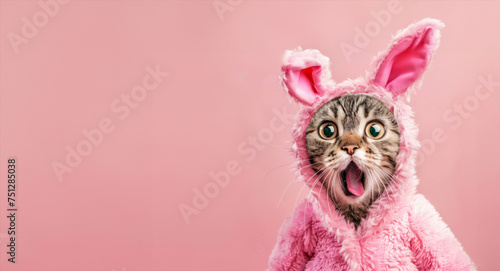 A cat in a pink bunny costume is looking at the camera with its mouth open. The image has a playful and whimsical mood, as the cat is dressed up in a costume and he is posing for a photo photo