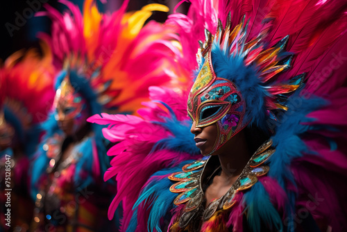 Colorful masquerade scene at a festive carnival event with elaborate feathered masks