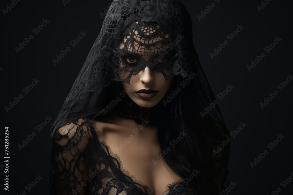 Portrait of a woman shrouded in a black lace veil against a dark background, conveying mystery and elegance Portrait of a woman shrouded in a black lace veil against a dark background, conveying mystery and elegance
