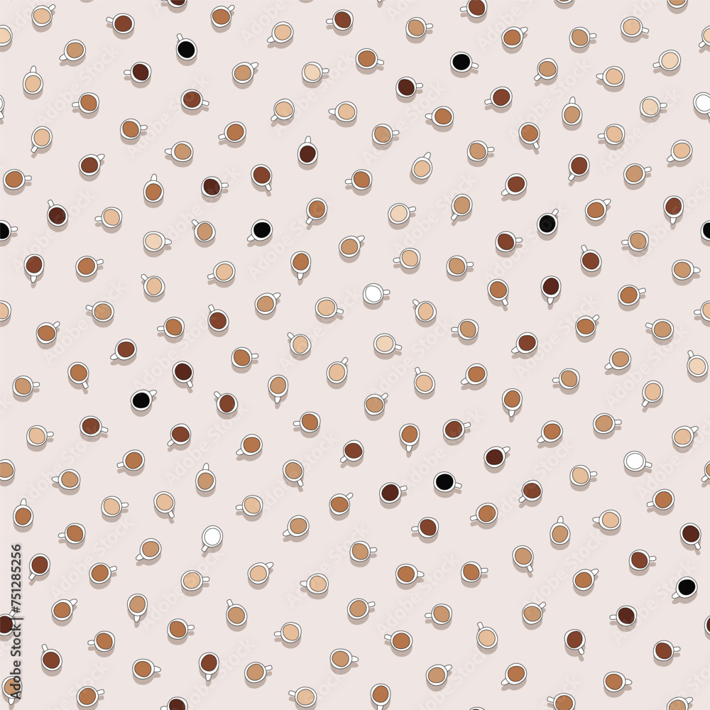 Seamless vector pattern with coffee cups. Morning hot drink on a beige background. Different shades of brown and empty white mug. Print for cafe menu