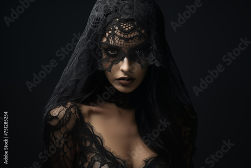 Portrait of a woman shrouded in a black lace veil against a dark background, conveying mystery and elegance