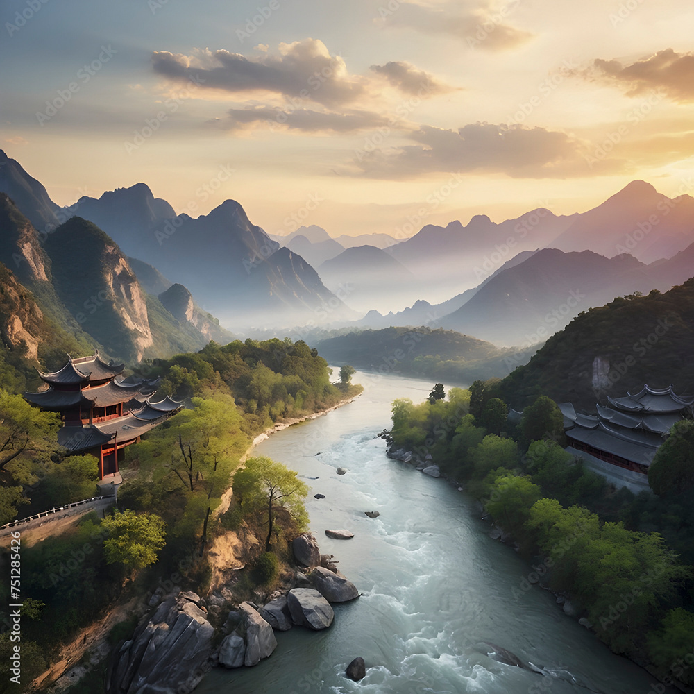 Traditional Chinese tranquil landscape of mountains, rivers, and trees.