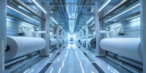 A futuristic textile mill with rows of machinery and fabric rolls in a clean, high-tech facility.