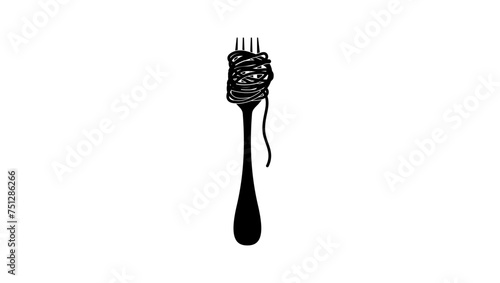 fork with pasta, black isolated silhouette