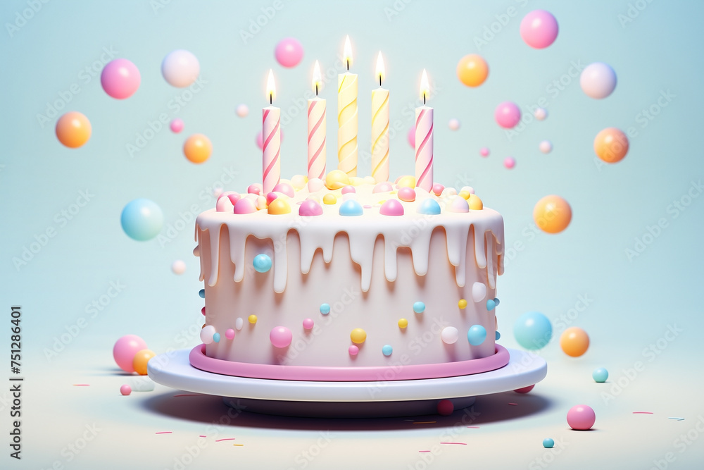 Vanilla birthday cake with 5 lit candles, decorated with colorful balls on a light blue background in cartoon 3d style Vanilla birthday cake with 5 lit candles, decorated with colorful balls on a light blue background in cartoon 3d style