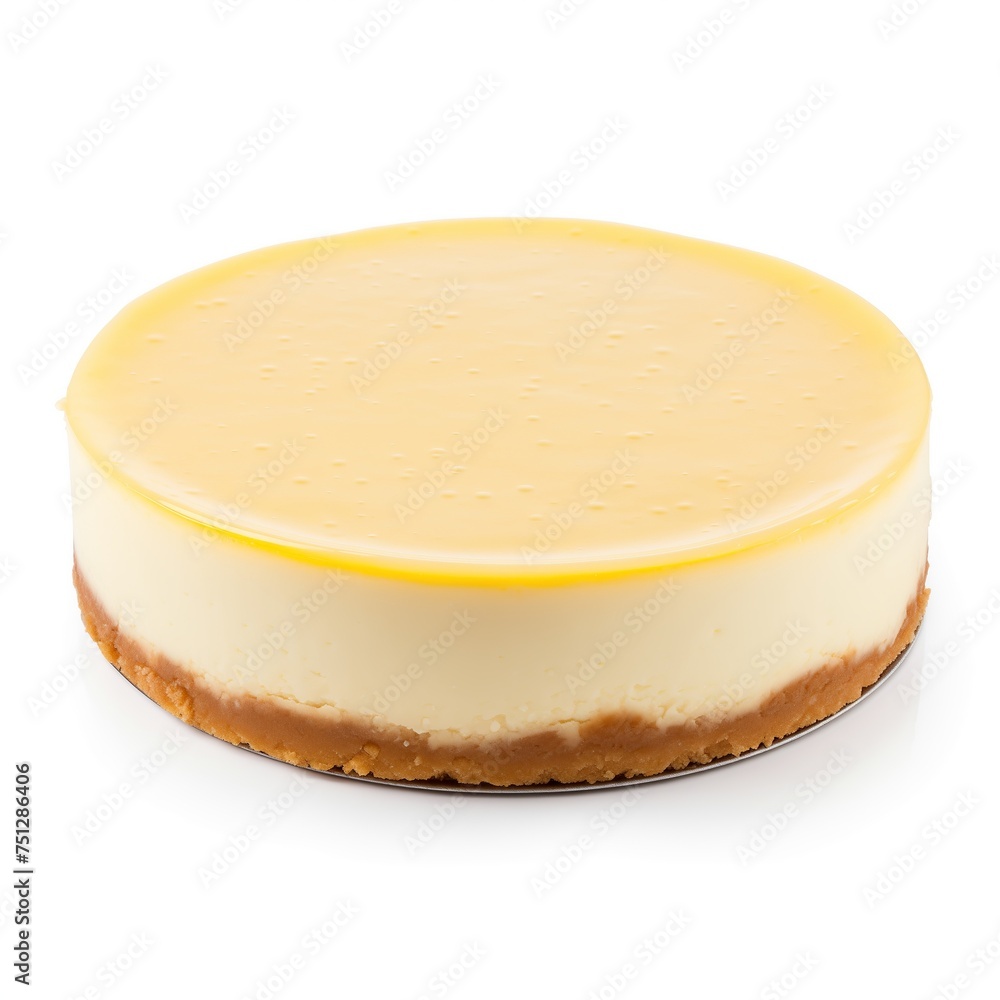 Whole plain cheesecake with a golden crust isolated on white background, with ample copy space for text, ideal for a bakery or dessert menu concept