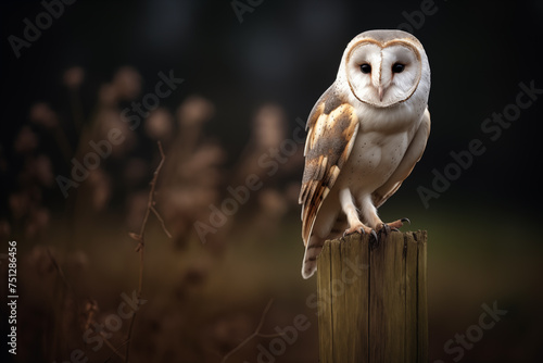 Barn owl perched on a fence post. Generative AI