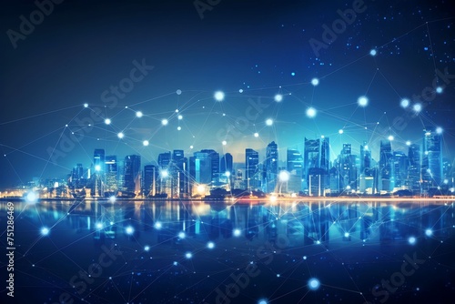 Smart city and big data connection technology concept with digital blue wavy wires