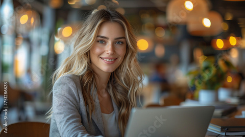 A portrait of a young businesswoman with long blond hair in a gray suit sitting in front of her laptop smiling at cafe. Can be used as an advertisement photo 