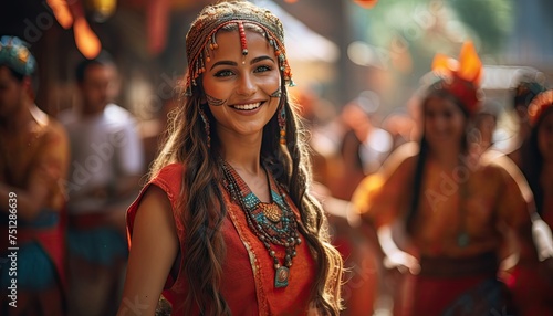 A woman with long hair is dressed in a vibrant headdress at a cultural festival celebrating diversity. She stands confidently, showcasing the elaborate headpiece and traditional attire