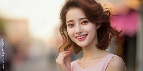 Radiant young asian woman smiling outdoors in summer