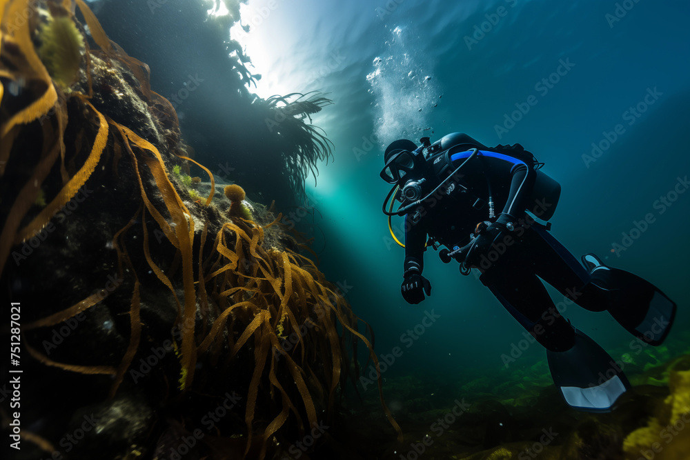 Diver amidst a dense kelp forest, descending with a controlled descent line. Generative AI Diver amidst a dense kelp forest, descending with a controlled descent line. Generative AI