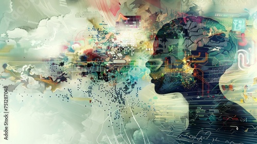 Conceptual Art of Mind and Technology, abstract representation of human intelligence and digital era