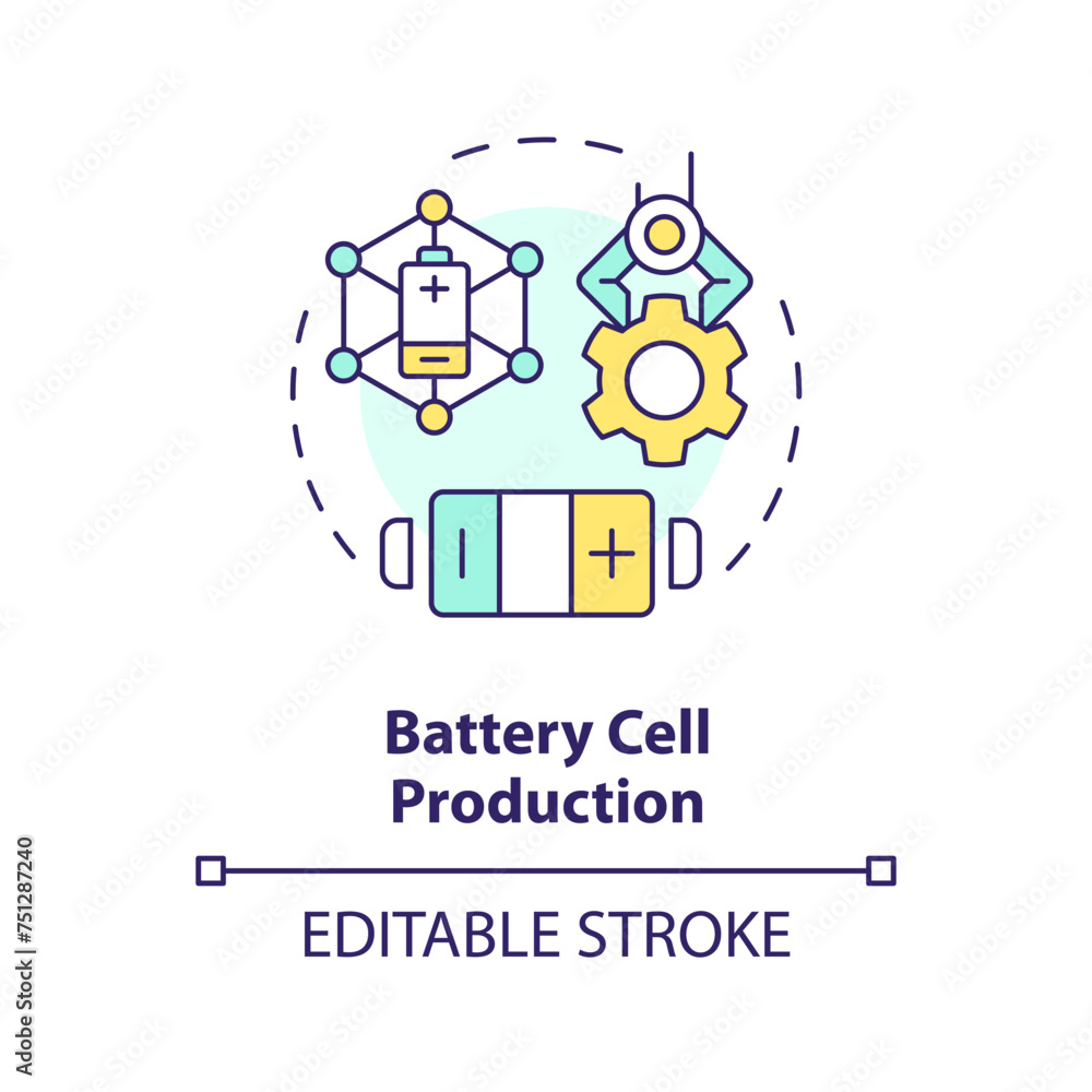 Battery cell production multi color concept icon. Lithium industry. Portable electronics manufacturing. Round shape line illustration. Abstract idea. Graphic design. Easy to use in brochure, booklet