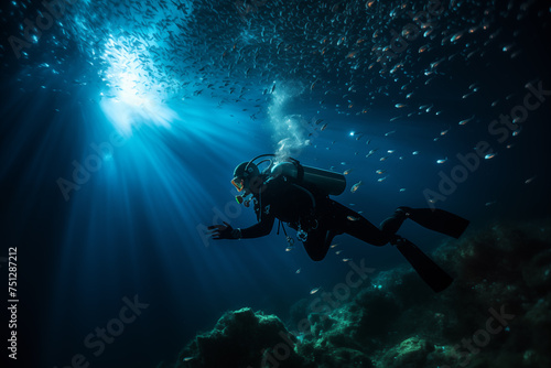 Diver on a night dive surrounded by bioluminescent plankton. Generative AI photo