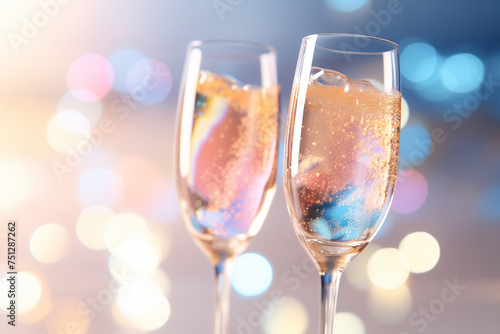 Two champagne glasses filled with sparkling wine, illuminated by colorful lights creating a festive atmosphere of the New Year