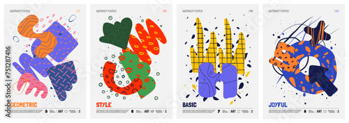 Colorful vector minimalistic Posters with bizarre abstract geometric unusual shapes and forms with different textures in matisse style, Hand drawn modern wall art with aesthetic naive figures, set 5