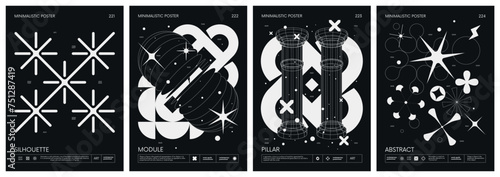 Black and White minimalistic Posters acid style with strange wireframes geometrical shapes and silhouette y2k basic figures, futuristic design inspired by brutalism, set 56