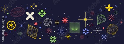 Vector abstract background with color extraordinary graphic elements of different shapes, Collection of various form, labels, stickers inspired by brutalism, set basic figures