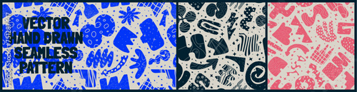 Seamless pattern with bizarre abstract geometric unusual shapes and forms with different textures in matisse style, Hand drawn naive vector wall art