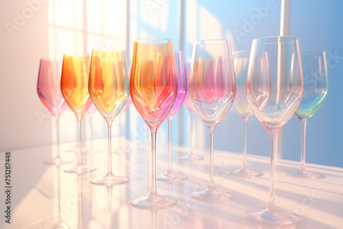 Rows of elegant wine glasses with colorful reflections on a bright, sunny backdrop, showcasing a modern and vibrant aesthetic. The concept of preparing for a festive banquet