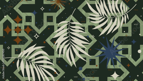 Abstract geometric background with a pattern of crosses and tropical leaves, brutalist artwork, Full HD vector color composition in the style of a futuristic Y2k rave aestetic photo