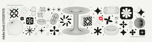 Vector graphic assets set in acid style, retro futuristic background with wireframe elements of different forms, bold modern shapes for design template, poster, clothes, stickers in Y2k style set 2