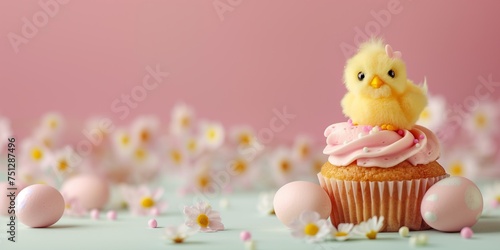 Pastel Easter themed banner with a cute chick on a cupcake, surrounded by eggs and flowers, with ample copy space on a soft pink background © AI Petr Images