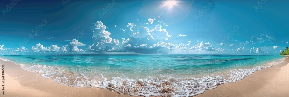 Panoramic seascape of a tropical beach with a broad horizon. Generative Ai