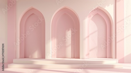 Minimalist pink arch backdrop with soft shadows, ideal for wedding visuals or Ramadan displays with ample copy space