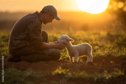 Farmer kneeling beside a newborn lamb in a sun-drenched pasture. Generative AI