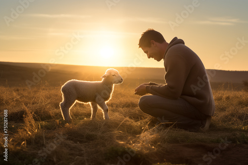 Farmer kneeling beside a newborn lamb in a sun-drenched pasture. Generative AI photo