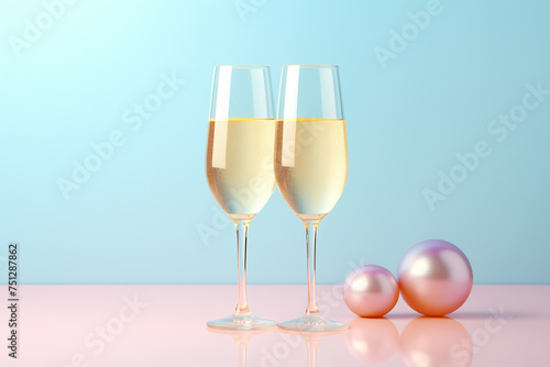 Two champagne glasses filled with bubbly, golden drink, and iridescent Christmas balls on a soft blue and pink background. Minimal New Year holiday concept