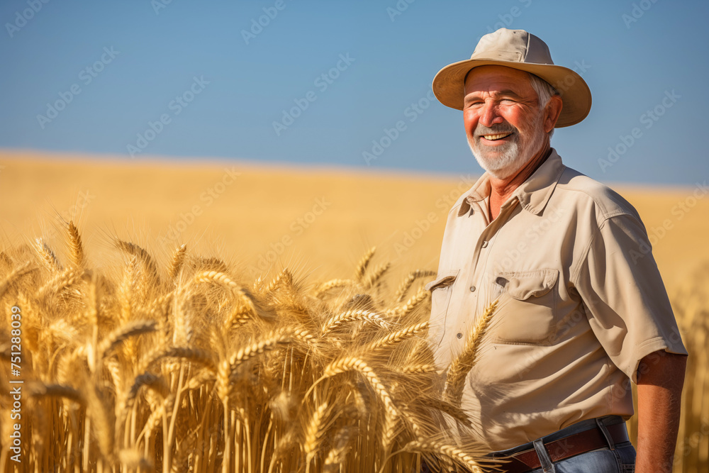 Mature farmer standing amidst a field of golden wheat. Generative AI