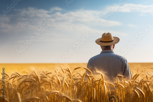 Farmer standing amidst a field of golden wheat. Generative AI
