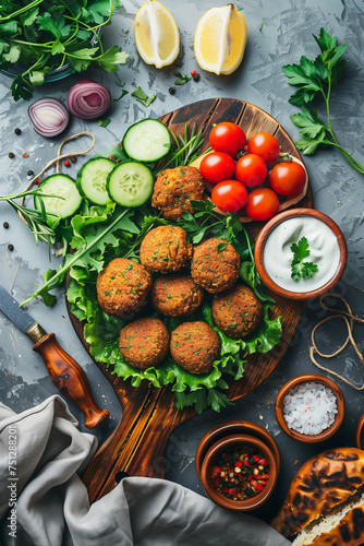 Overhead shot of a vegetarian falafel dish, ideal for culinary themes and healthy eating promotions.