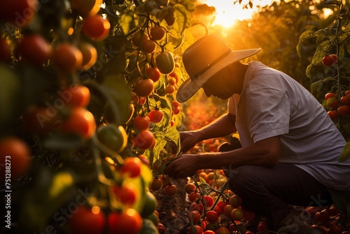 Farmer tending to rows of sun-ripened tomatoes in a bustling vegetable garden. Generative AI