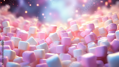 Close-up of colorful marshmallows with a magic glow, perfect for a sweet, fantasy or dreamy background